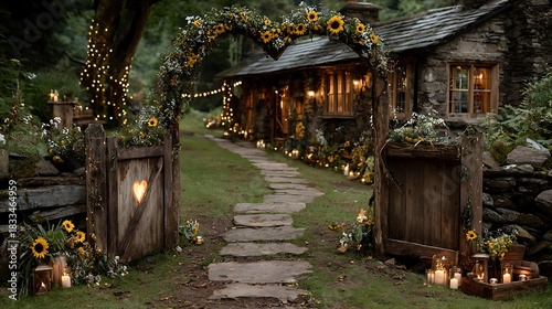 Outdoor rustic sunflower wedding arch glowing at night high resolution picture