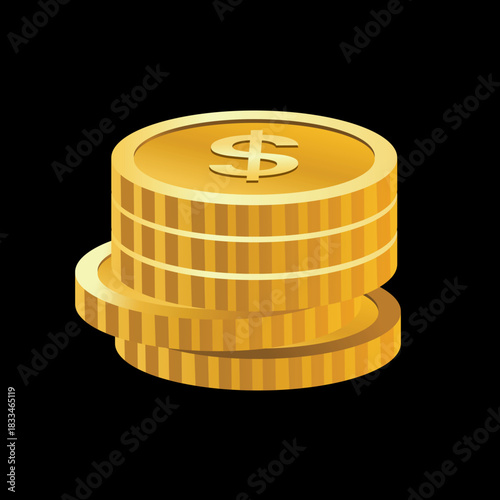 Dollar coin vector icon illustration, dollar clip art, gold coin clip art, clip art coins, isolated on black background 