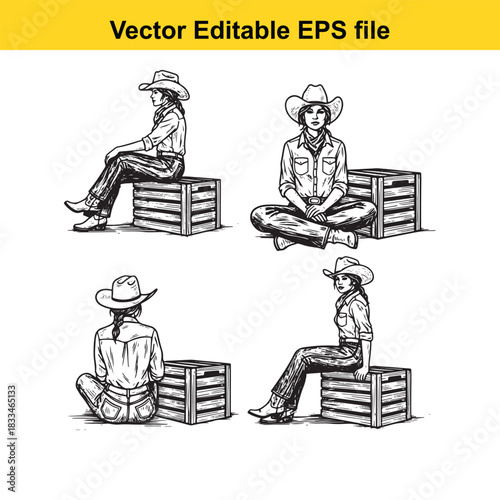 collection of four black and white vector illustrations depicting women dressed as cowboys or cowgirls sitting on wooden crates from various angles, perfect for western theme design