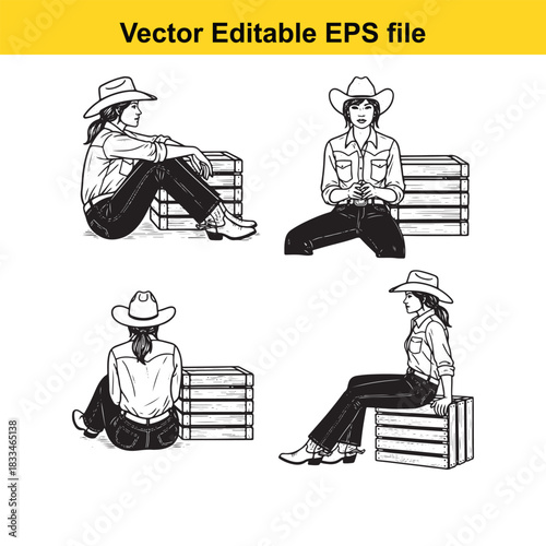 collection of four black and white vector illustrations depicting a cowgirl sitting on wooden crates in various poses, suitable for western theme designs