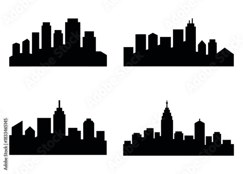 Four distinct black silhouette city skylines stand out against a white background, representing urban architecture.