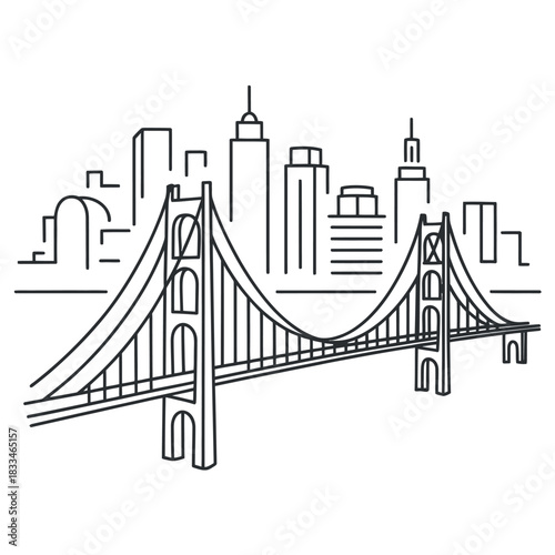 A stylized line drawing depicts a suspension bridge spanning a body of water, with a city skyline in the background.