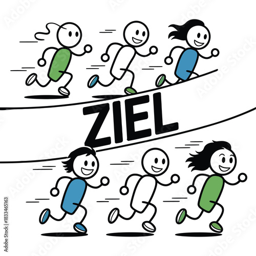 Stick figures race towards the finish line labeled 'ZIEL' in a competition.