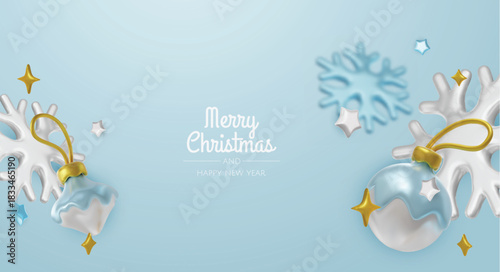 Happy New Year and Merry Christmas. Christmas holiday background with realistic 3d objects, bauble balls, conical metal stars. Levitation falling design composition.