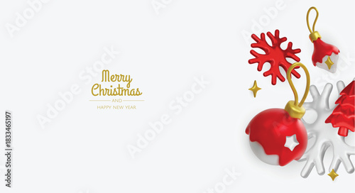 Modern 3D Christmas illustration with glossy ornaments and snowflakes, great for greeting cards, posters, newsletters, and online campaigns.