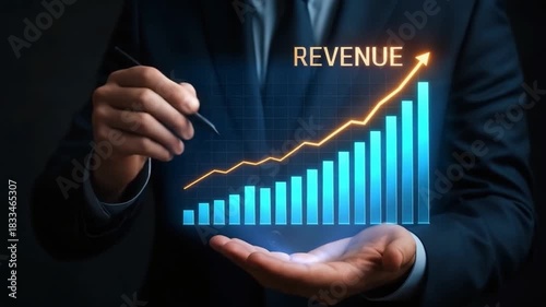Revenue growth chart with rising bar graph and glowing arrow illustrating business success, financial data visualization, increasing profit and income on dark background for clear financial analysis