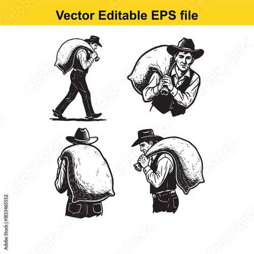 collection of four black and white vector illustrations depicting farmers or workers carrying large sacks over their shoulders, suitable for agricultural or labor themes