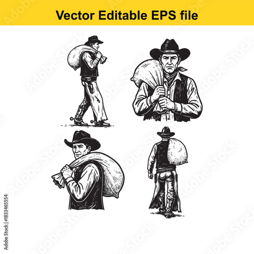collection of four black and white vector illustrations depicting a cowboy or rancher carrying a large sack over his shoulder from various angles and poses