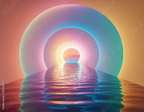 Surreal glowing tunnel with reflective water at sunset with pastel colors and scattered lights