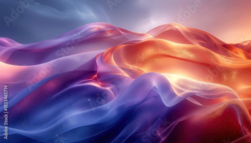 Abstract flowing landscape with glowing particles in warm and cool tones featuring light and shadow play