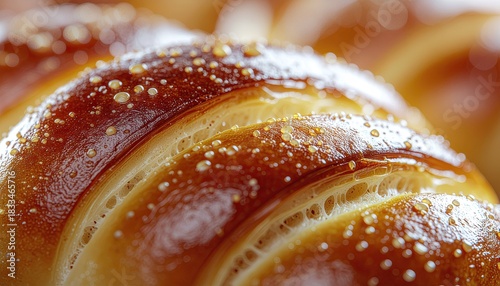 Close-up macro shot of golden brown baked croissants dusted with sugar crystals under warm studio lighting