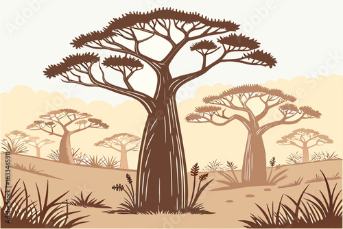 Stylized illustration of several baobab trees standing tall in an african savanna landscape with dry grasses and rolling hills under a pale sky, rendered in sepia tones