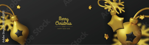 Modern 3D Christmas illustration with glossy ornaments and snowflakes, great for greeting cards, posters, newsletters, and online campaigns.