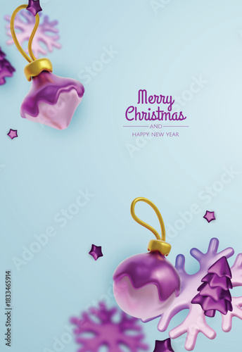 Minimal 3D Christmas design with gold drips, stars, snowflake elements on purple, ready for posters, stories, and website hero sections