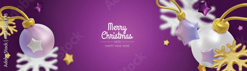 Happy New Year and Merry Christmas. Christmas holiday background with realistic 3d objects, bauble balls, conical metal stars. Levitation falling design composition.