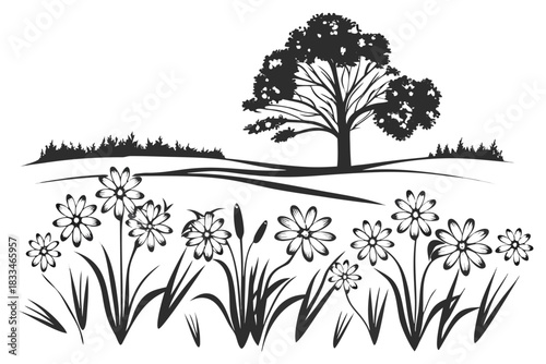 Black and white vector illustration of a scenic landscape featuring a large tree on a rolling hill with wildflowers and tall grass in the foreground, isolated on