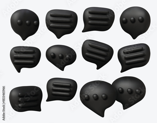 Creative 3D chat icons set, symbolizing dialogue, conversation, texting, communication apps, forums, and social media interaction.