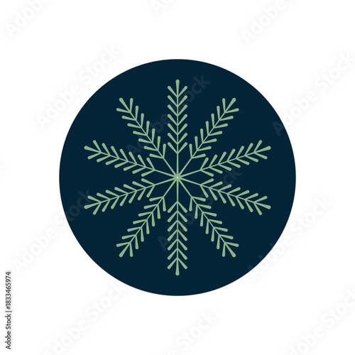 Christmas snow flake sticker icon in blue and green with a simple circle and line style. Winter holiday ornament label for xmas or box use, decorative snowflake symbol for festive packaging.