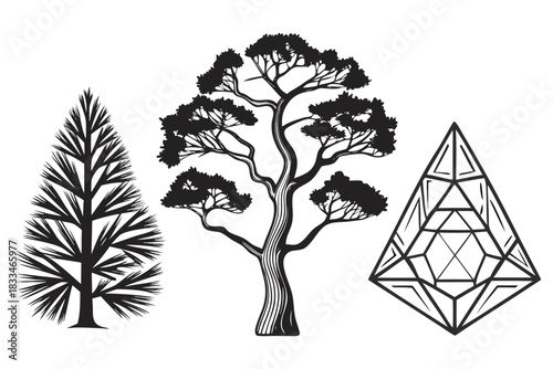 Collection of three black and white graphic illustrations featuring two stylized trees and a geometric crystal shape, isolated on