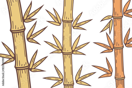 Hand drawn illustration of three vertical bamboo stalks with small leaves sprouting from the nodes, featuring a sketch style with yellow and orange tones, isolated on