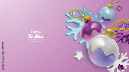 Elegant pastel Christmas baubles and winter elements form a light, joyful holiday background ideal for cards, banners, and festive promotions