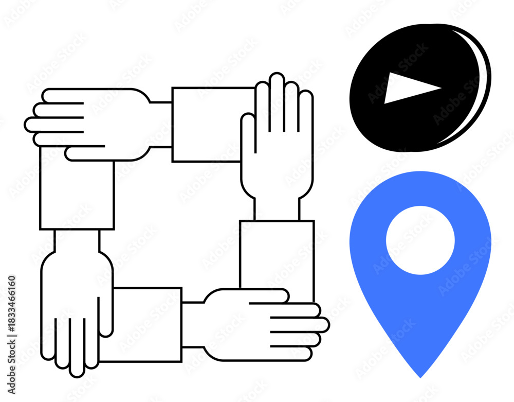 Fototapeta premium Team collaboration, creativity, digital media, navigation, networking, and location sharing. Hands interlocked in a square with a map pin and play button. Team collaboration and creativity concept