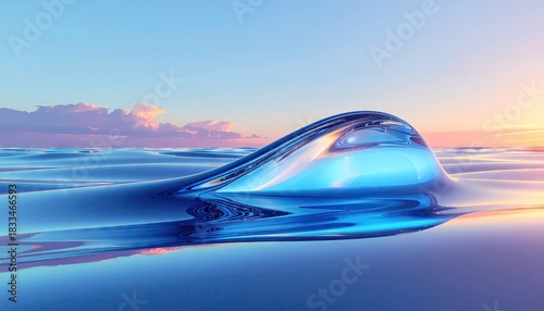 Fototapeta Naklejka Na Ścianę i Meble -  Abstract blue wave crest with pixelated texture during golden hour sunset over calm water with pastel sky and clouds