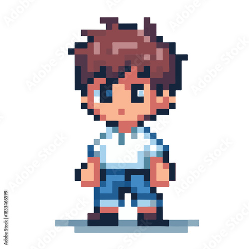 Pixel Art Boy Character with Blue Eyes and Brown Spiky Hair, Wearing a Blue Shirt and Shorts, Standing Front Facing, A Classic Retro Gaming Sprite