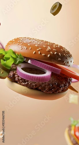 Creative floating burger food composition