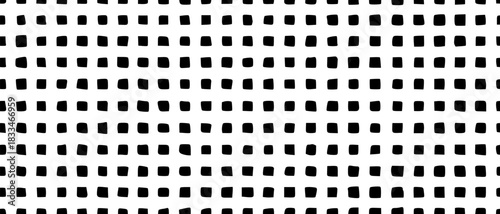 Minimalist, textured, and dynamic thanks to its jagged edges, this seamless repeating pattern of black squares arranged on fine grid is vector background texture for art prints.