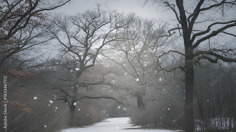 Fototapeta premium A serene winter landscape featuring a snow-covered path and bare trees.