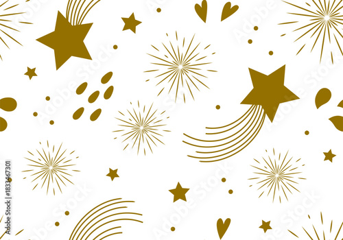 Seamless pattern with golden stars. Christmas, birthday design in golden color on a light background. Trendy modern vector illustration. Cute hand drawn flat design
