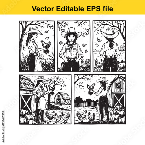 collection of five black and white vector illustrations depicting a female farmer or cowgirl interacting with chickens in a rustic farm setting, suitable for editable eps files