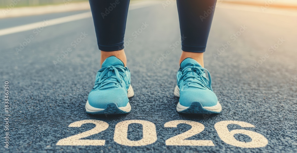 Obraz premium Athlete in running shoes standing on asphalt marking 2026, representing new year goals, fitness, and beginning a fresh future