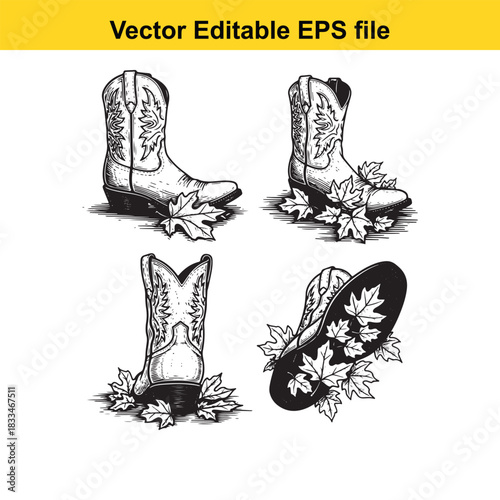 collection of four detailed black and white vector illustrations of classic cowboy boots with autumn leaves scattered around them, showing different angles and the sole