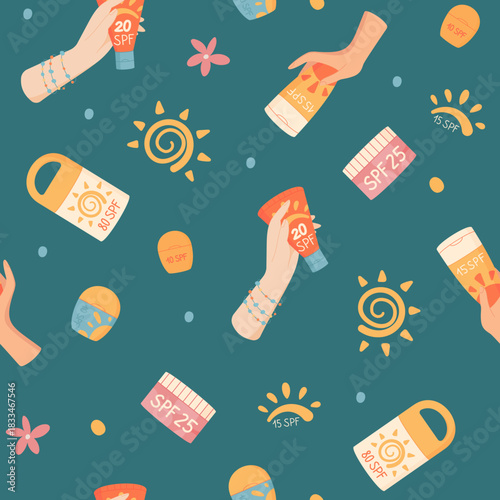 Flat seamless pattern with sunscreen bottle, stick, tube, sunblock, spf, lotion, cream and sun. Hold cosmetic product with background design. Cream texture repeats, summer care and protection.