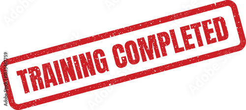 A vibrant red textured stamp illustration featuring the bold phrase training completed, marking a successful educational journey or skill acquisition