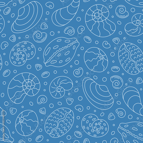 Seamless underwater seashell pattern with marine scallop, shell, and conch in an elegant outline style. Aquatic contour doodle evokes the ocean and marine life. A perfect background for summer,