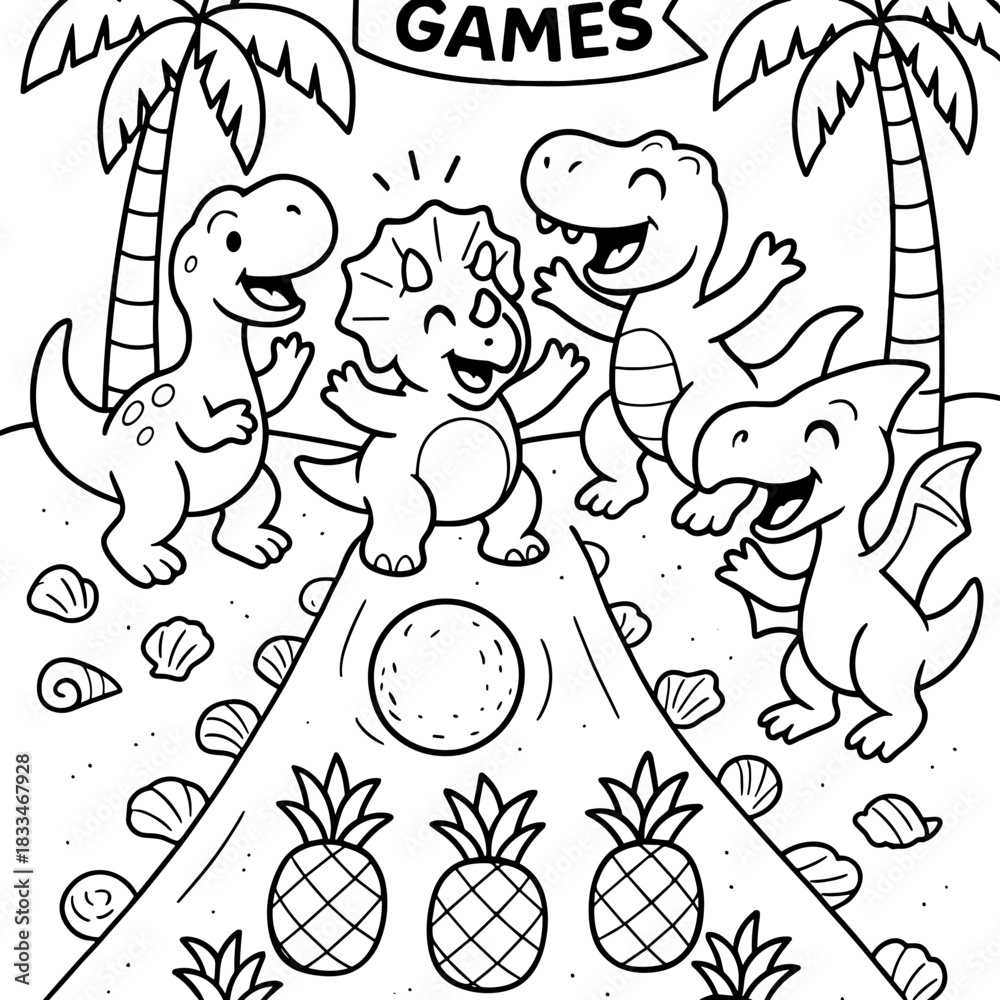 Fototapeta premium Dinosaur Games: A whimsical illustration showcases adorable dinosaurs engaged in playful games, evoking a sense of childhood wonder and amusement.