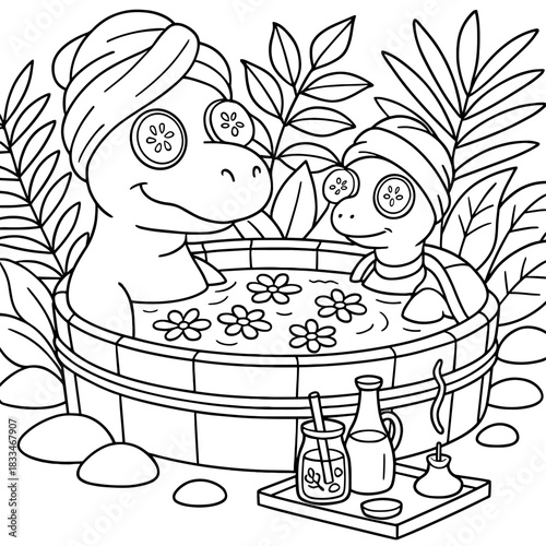 Relaxing Animals in a Spa: Two charming animals, one a dinosaur and the other a turtle, enjoy a luxurious spa day, each with cucumber slices over their eyes, in a tranquil and rejuvenating scene.