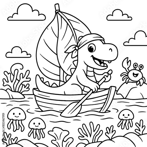 Dinosaur Pirate Adventure: A cartoon illustration depicts a cheerful dinosaur pirate sailing a small boat, evoking a sense of adventure and playful exploration with his crab and jellyfish friends.