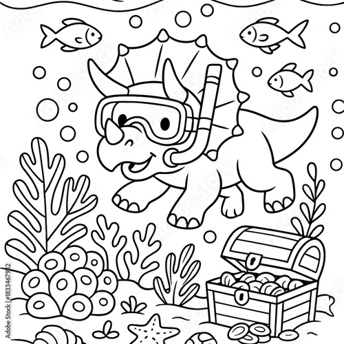 Dinosaur Adventure: An underwater scene with a delightful triceratops, complete with snorkeling gear, exploring a vibrant underwater world filled with treasures and fish.