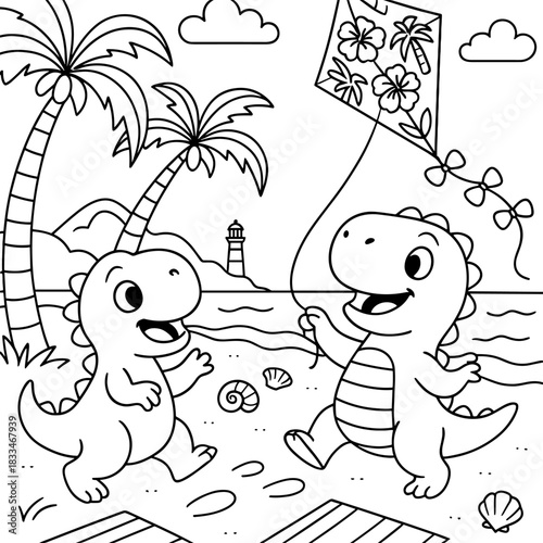 Dino-Kite Daydream:Two cute dinosaur friends frolic on a sun-kissed beach, playing with a colorful kite under swaying palm trees. A scene filled with summer joy.