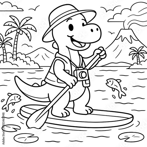 Dino's Tropical Adventure: A cheerful dinosaur paddles on a surfboard across a vibrant tropical sea, camera in hand, under a bright sun, ready to capture vacation memories. 
