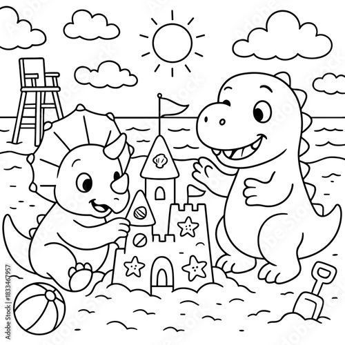 Dino Beach Bliss: Two cheerful dinosaur friends collaborate on a whimsical sandcastle on a sunny beach, a joyful display of friendship and fun in the sun.