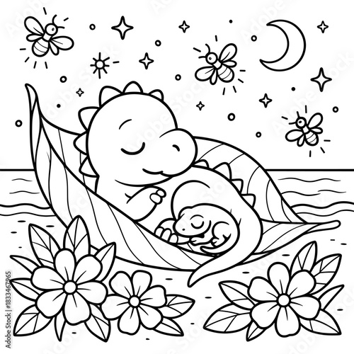 Dreamy Night's Embrace: Two adorable dinosaurs drift off to sleep, nestled together on a cozy leaf bed under a starry sky, with a crescent moon, fireflies and beautiful flowers.