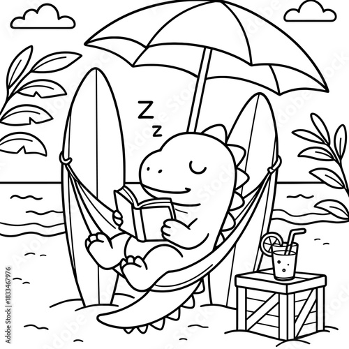 Dinosaur Relaxing on Beach: A cute cartoon dinosaur rests in a hammock, reading a book on a sandy beach. Surfboards and a refreshing drink with an umbrella.