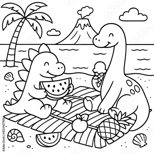Dino Picnic Delight: Two cheerful dinosaurs relish a beachside picnic with watermelon and ice cream under the shade of a palm tree, a volcanic mountain, a peaceful ocean, and soft clouds.