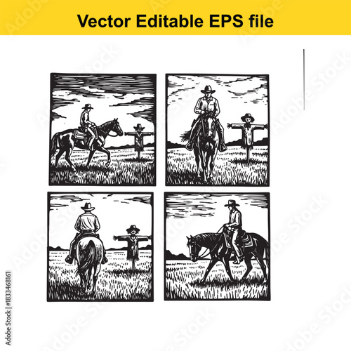 four black and white woodcut style panels depicting cowboys on horseback encountering scarecrows in a grassy field, suitable for western theme design