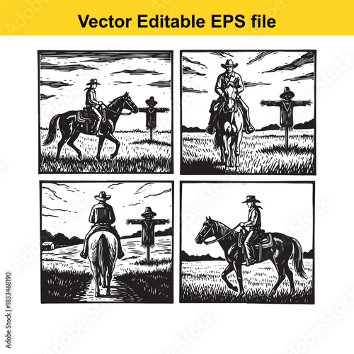four panel black and white woodcut style illustration depicting a cowboy or cowgirl riding a horse past a scarecrow in a field setting, vector editable eps file